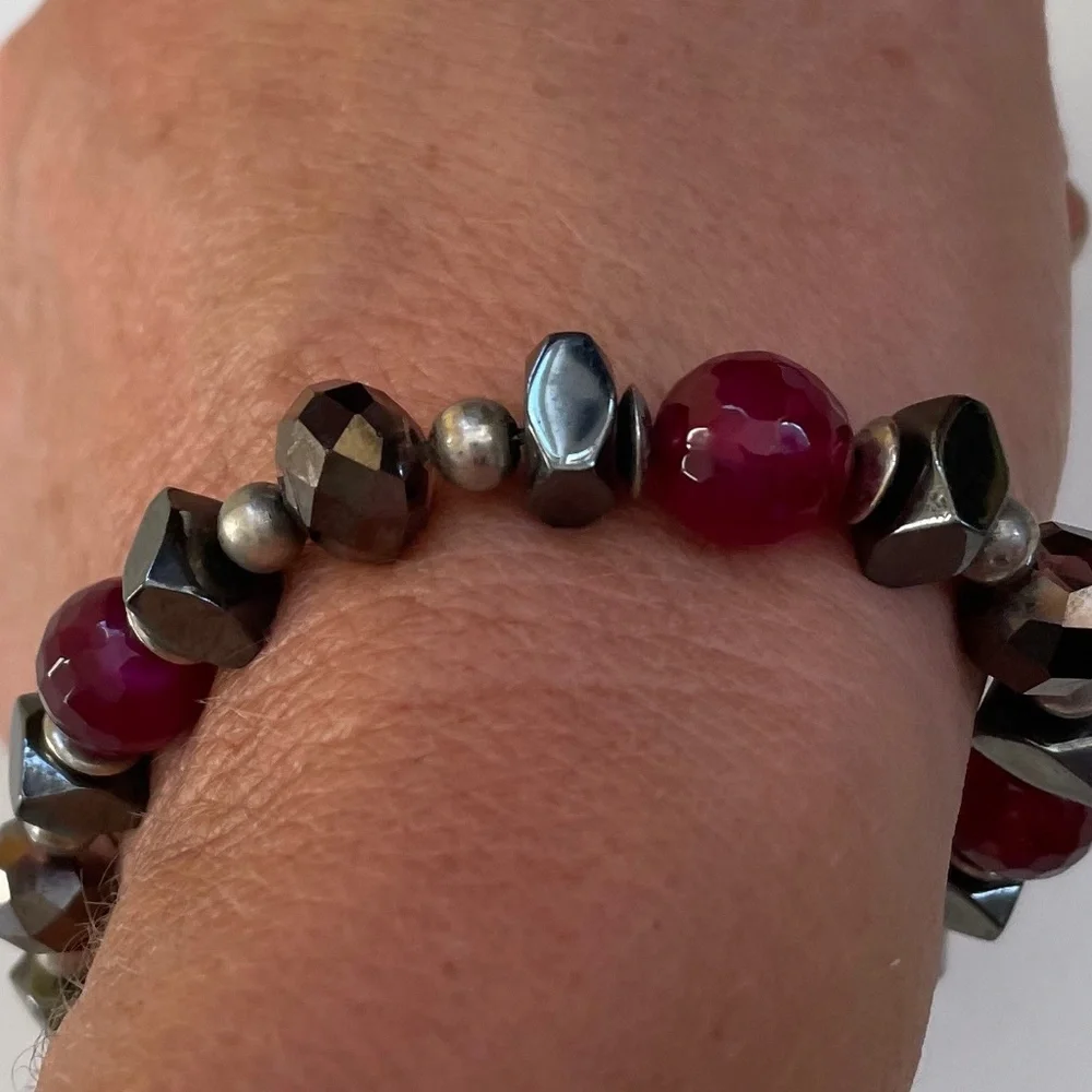 Hematite vintage glass smoky quartz crystal silver bead stretch bracelet.